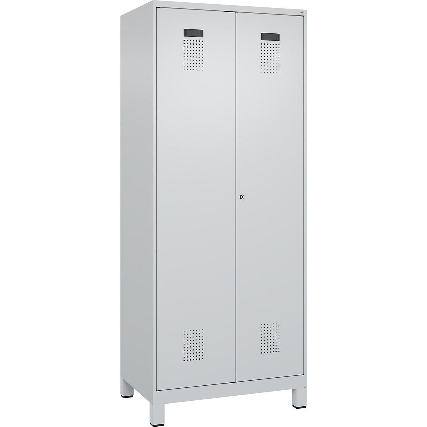 Evolo PLUS clean and dirty locker, 1 compartment, shortened centre divider, light grey, W 800 mm, with wide feet, cylinder lock.