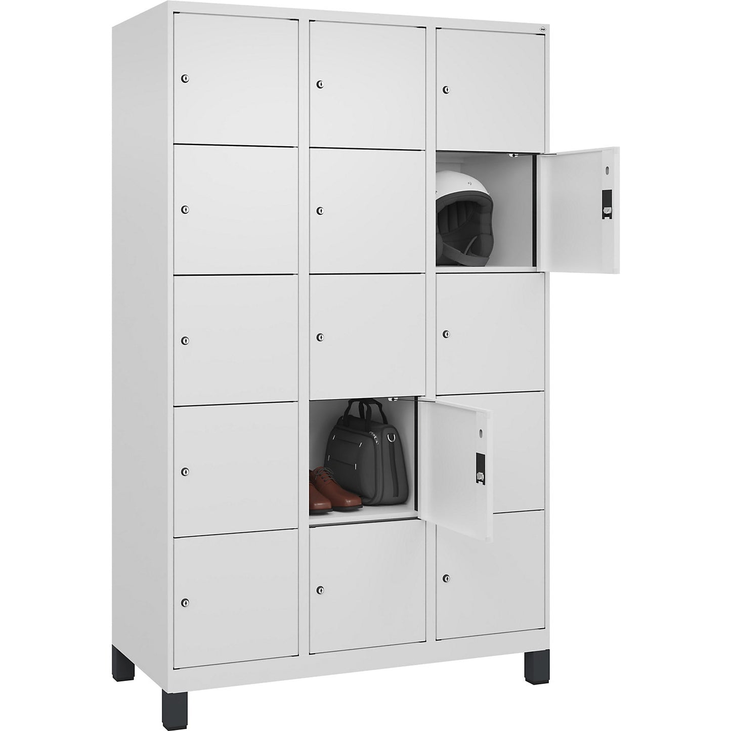 Evolo PLUS 5-fold compartment locker, 3 compartments, white, W 1200 mm, 15 compartments, with wide feet, cylinder lock.
