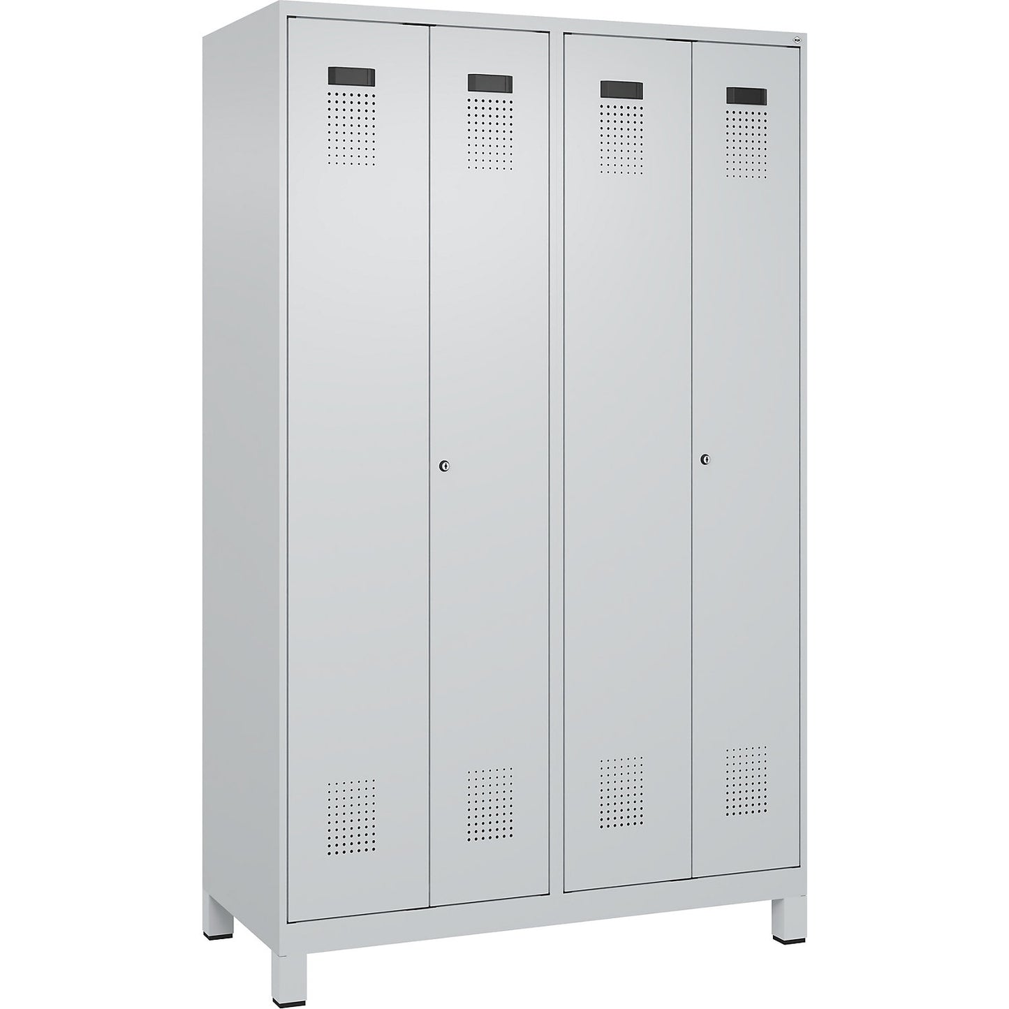Evolo PLUS clean and dirty locker, 2 compartments, shortened centre divider, light grey, W 1200 mm, with wide feet, cylinder lock.