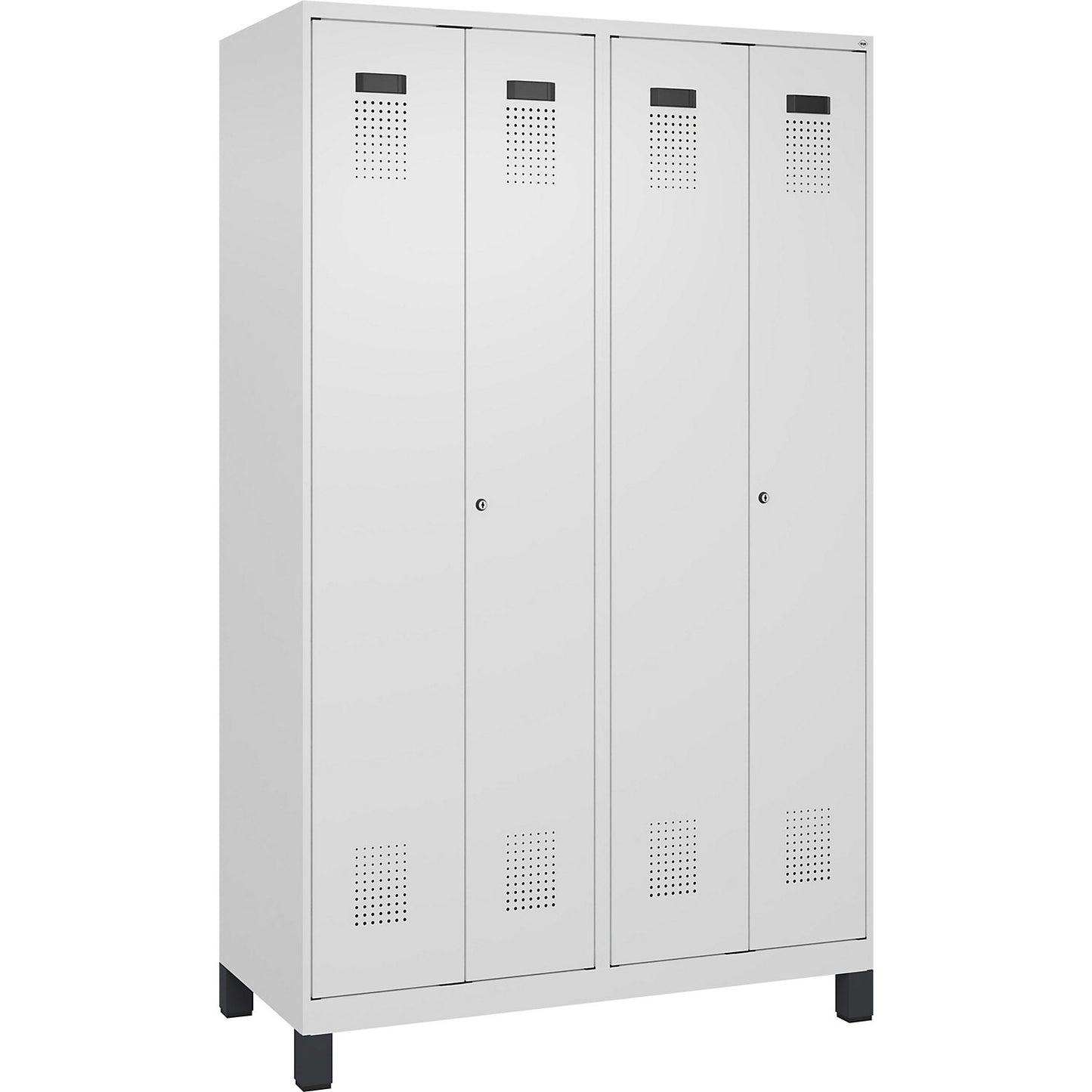 Evolo PLUS clean and dirty locker, 2 compartments, shortened centre divider, white, W 1200 mm, with wide feet, cylinder lock.