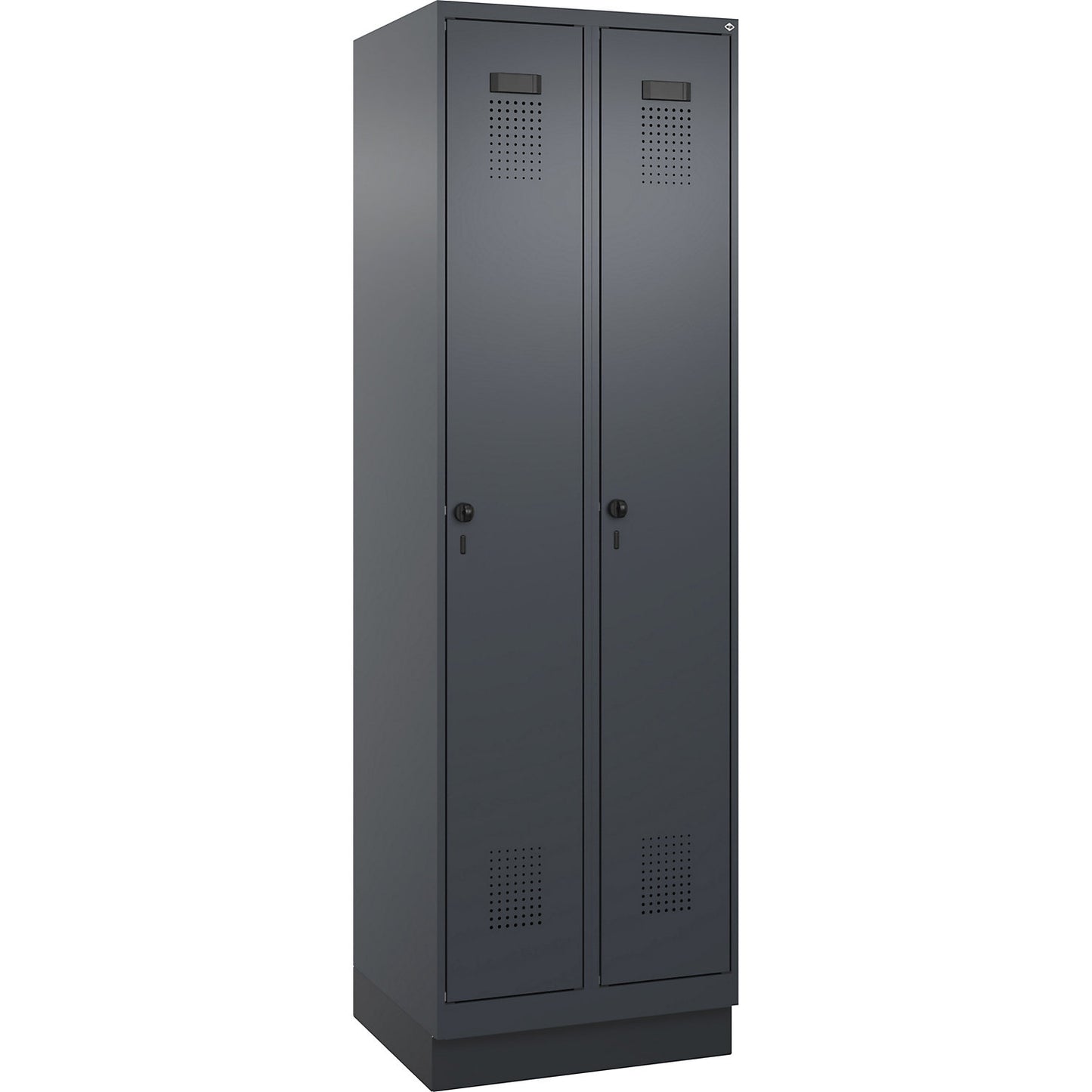 Evolo PLUS clean and dirty clothes locker, narrow, 2 compartments, shortened centre divider, grey, W 600 mm, with base plinth, security rotary bolt.