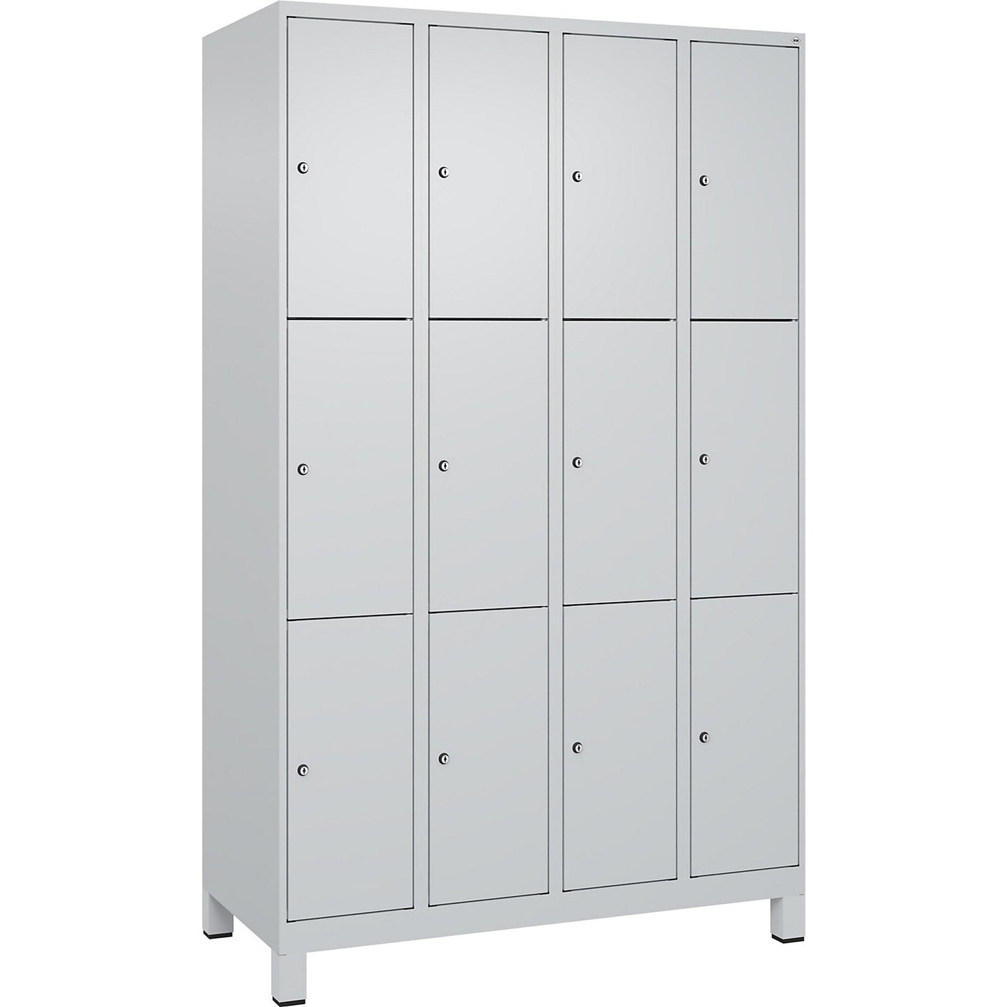Evolo PLUS 3-fold compartment locker, 4 compartments, light grey, W 1200 mm, 12 compartments, with wide feet, cylinder lock.