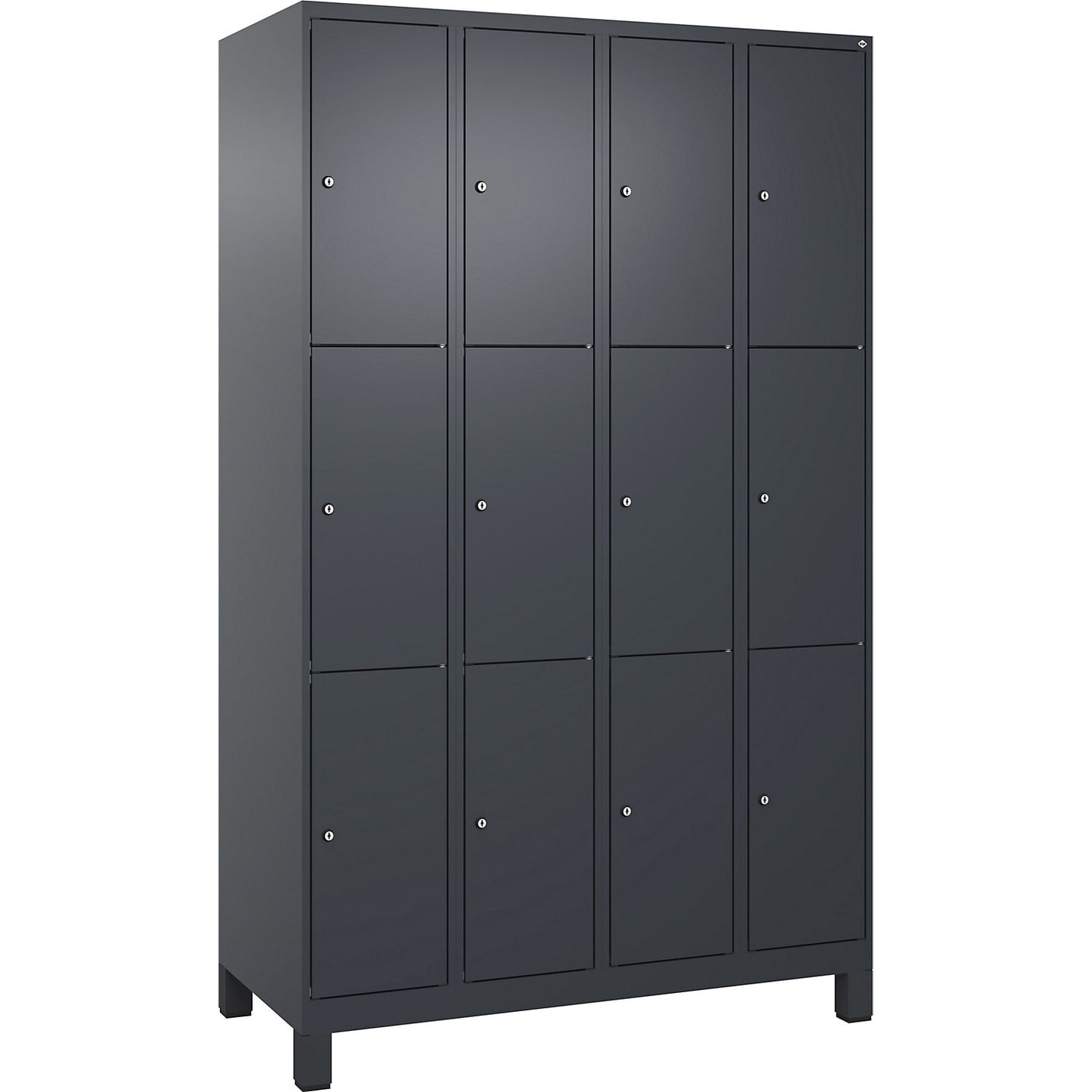Evolo PLUS 3-fold compartment locker, 4 compartments, grey, W 1200 mm, 12 compartments, with wide feet, cylinder lock.