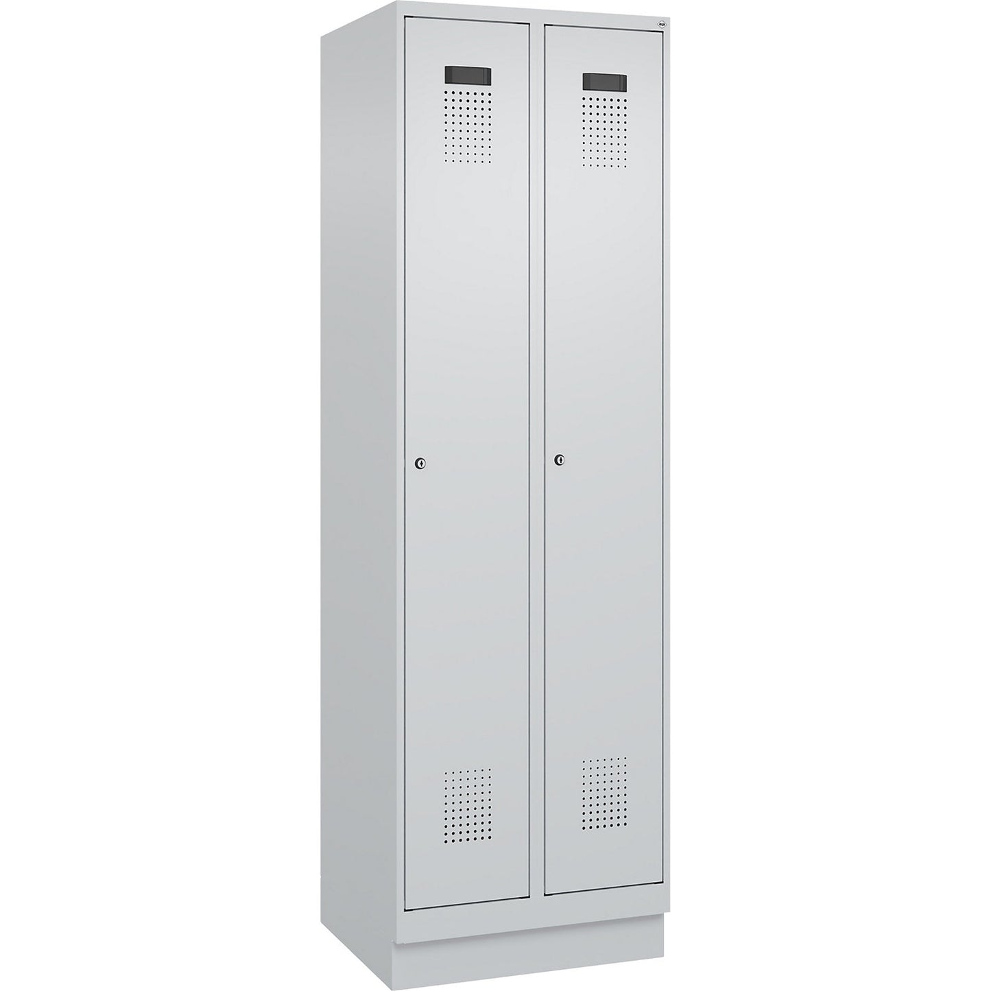 Evolo PLUS clean and dirty clothes locker, narrow, 2 compartments, shortened centre divider, light grey, W 600 mm, with base plinth, cylinder lock.