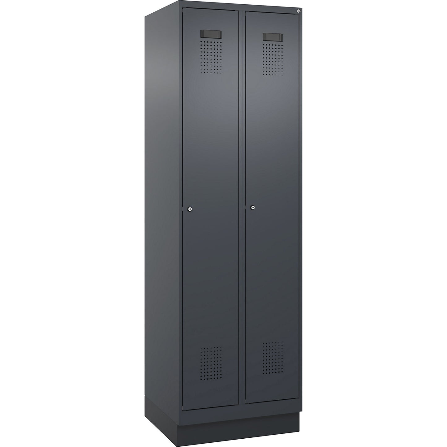 Evolo PLUS clean and dirty clothes locker, narrow, 2 compartments, shortened centre divider, grey, W 600 mm, with base plinth, cylinder lock.