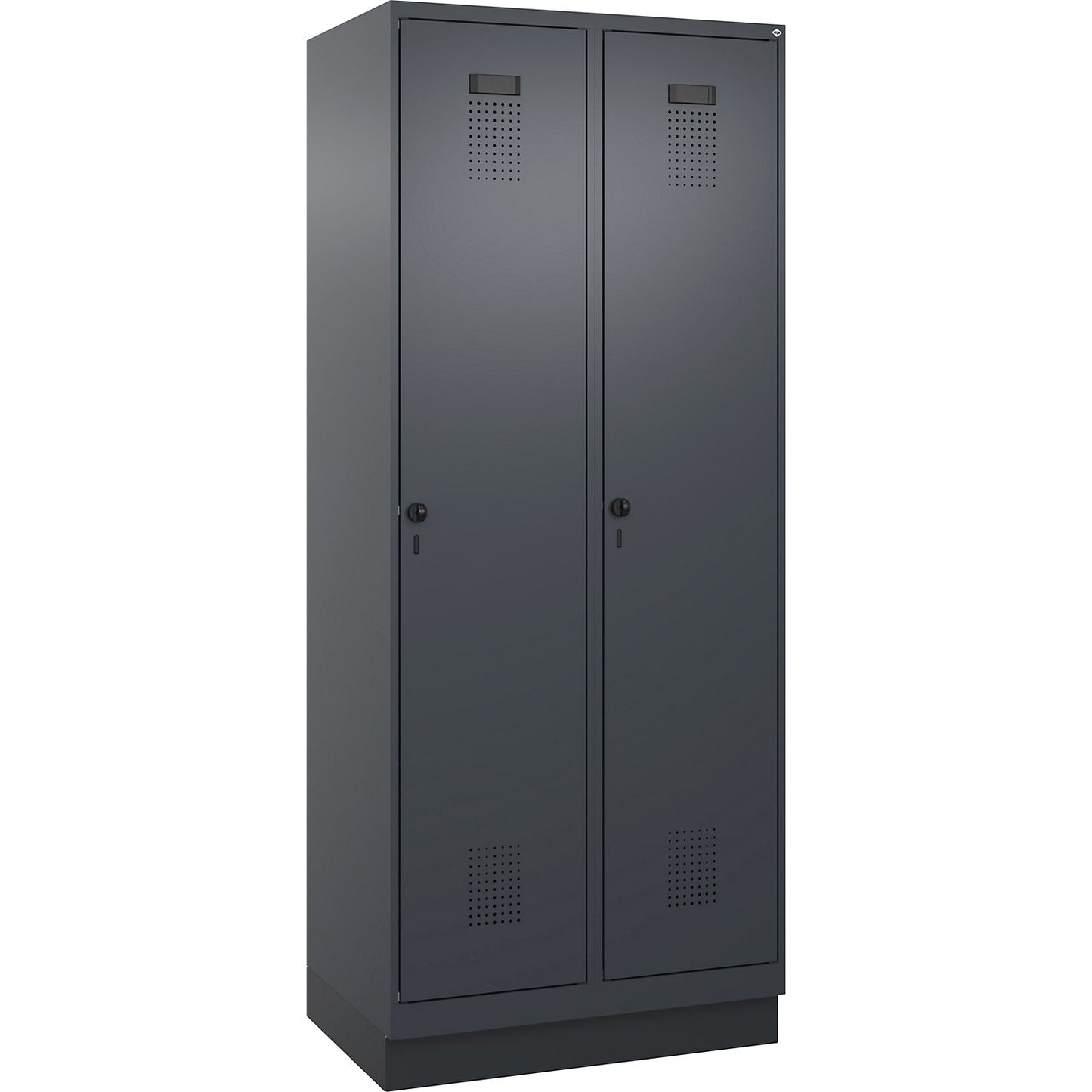 Evolo PLUS clean and dirty clothes locker, narrow, 2 compartments, shortened centre divider, grey, W 800 mm, with base plinth, security rotary bolt.