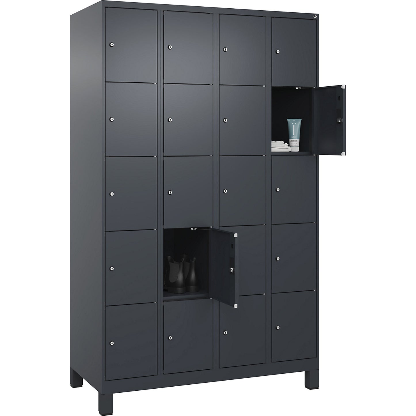 Evolo PLUS 5-fold compartment locker, 4 compartments, grey, W 1200 mm, 20 compartments, with wide feet, cylinder lock.