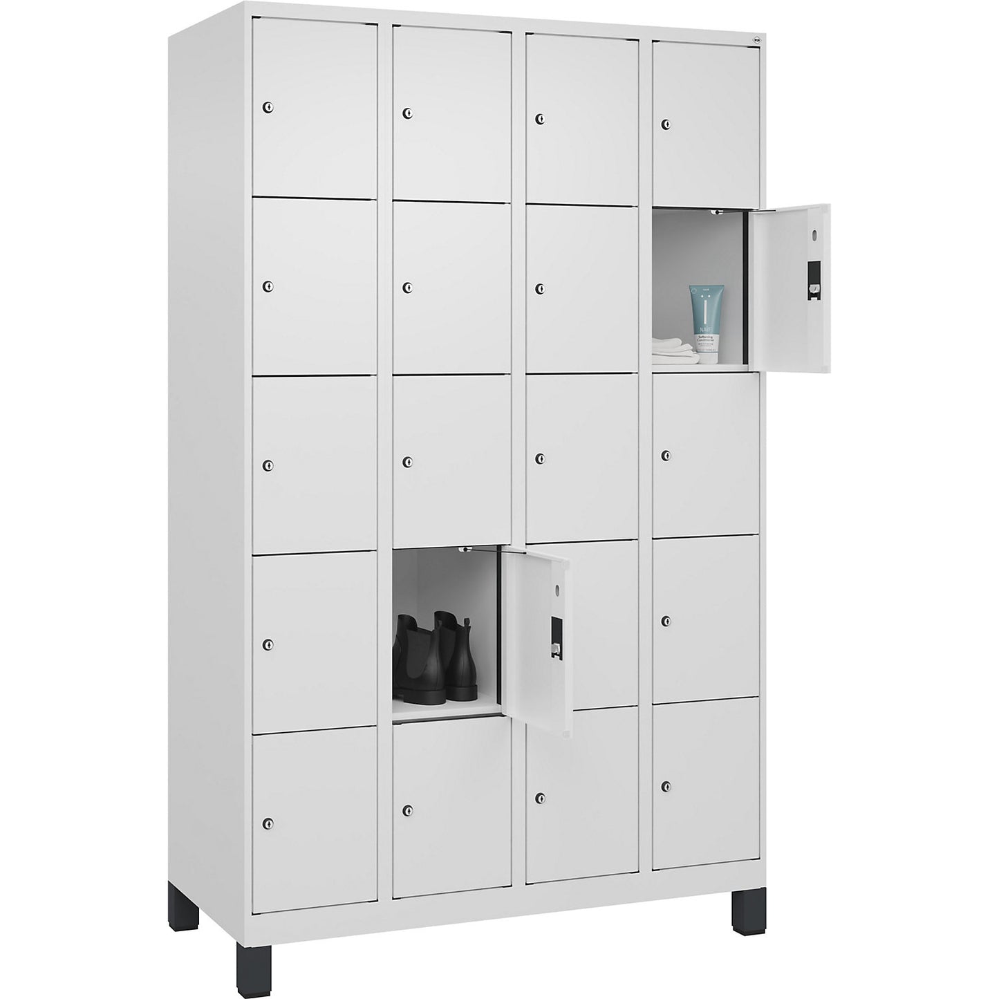 Evolo PLUS 5-fold compartment locker, 4 compartments, white, W 1200 mm, 20 compartments, with wide feet, cylinder lock.