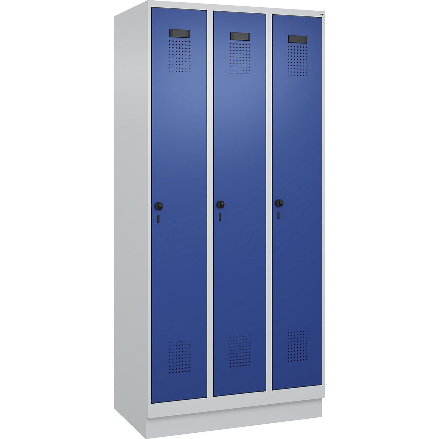 Evolo PLUS clean and dirty clothes locker, narrow, 3 compartments, shortened centre divider, light grey / gentian blue, W 900 mm, with base plinth, security rotary bolt.
