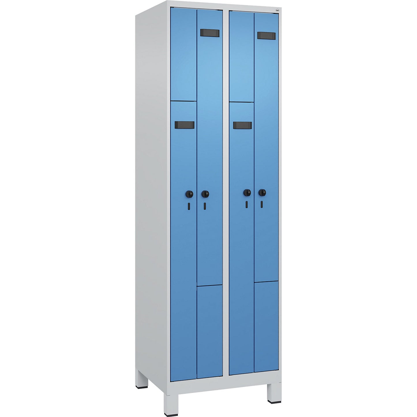 Evolo PLUS Z-locker, 2 compartments, light grey / light blue, W 600 mm, 4 compartments, with wide feet, security rotary bolt.