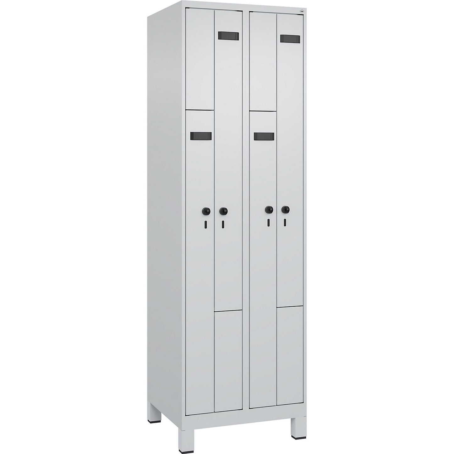 Evolo PLUS Z-locker, 2 compartments, light grey, W 600 mm, 4 compartments, with wide feet, security rotary bolt.