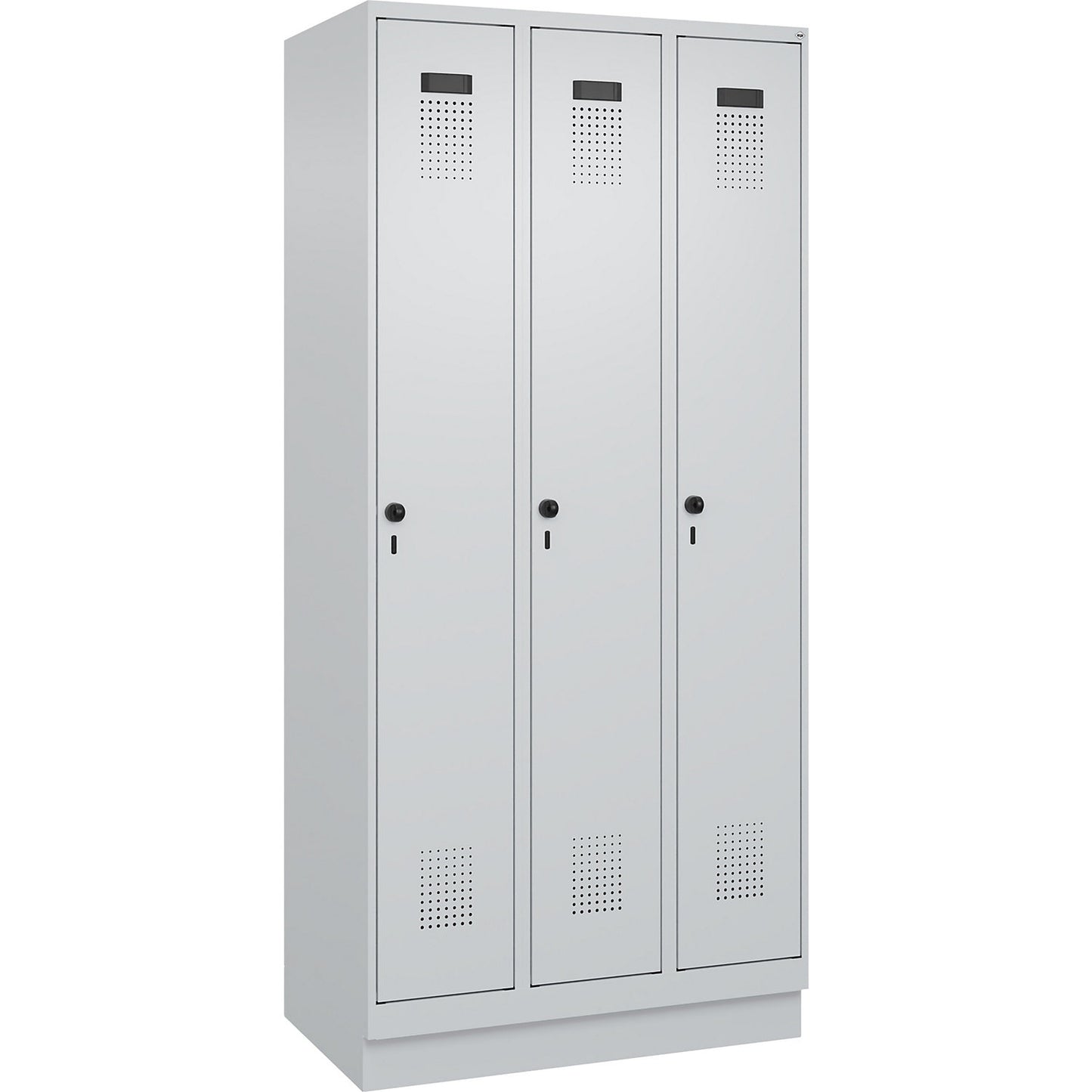 Evolo PLUS clean and dirty clothes locker, narrow, 3 compartments, shortened centre divider, light grey, W 900 mm, with base plinth, security rotary bolt.