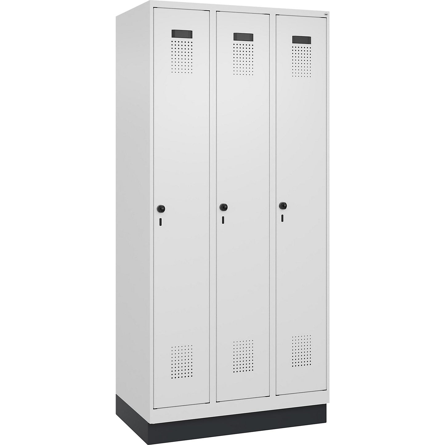 Evolo PLUS clean and dirty clothes locker, narrow, 3 compartments, shortened centre divider, white, W 900 mm, with base plinth, security rotary bolt.