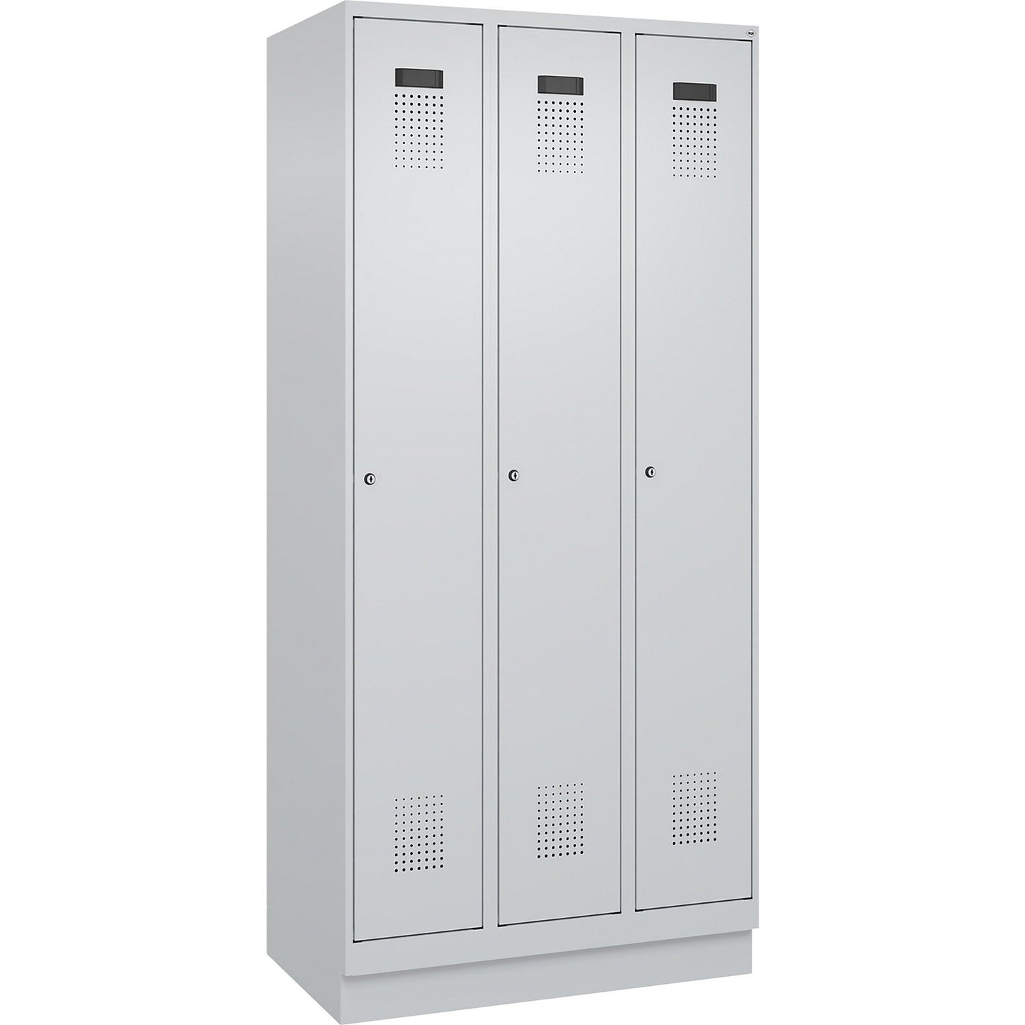 Evolo PLUS clean and dirty clothes locker, narrow, 3 compartments, shortened centre divider, light grey, W 900 mm, with base plinth, cylinder lock.
