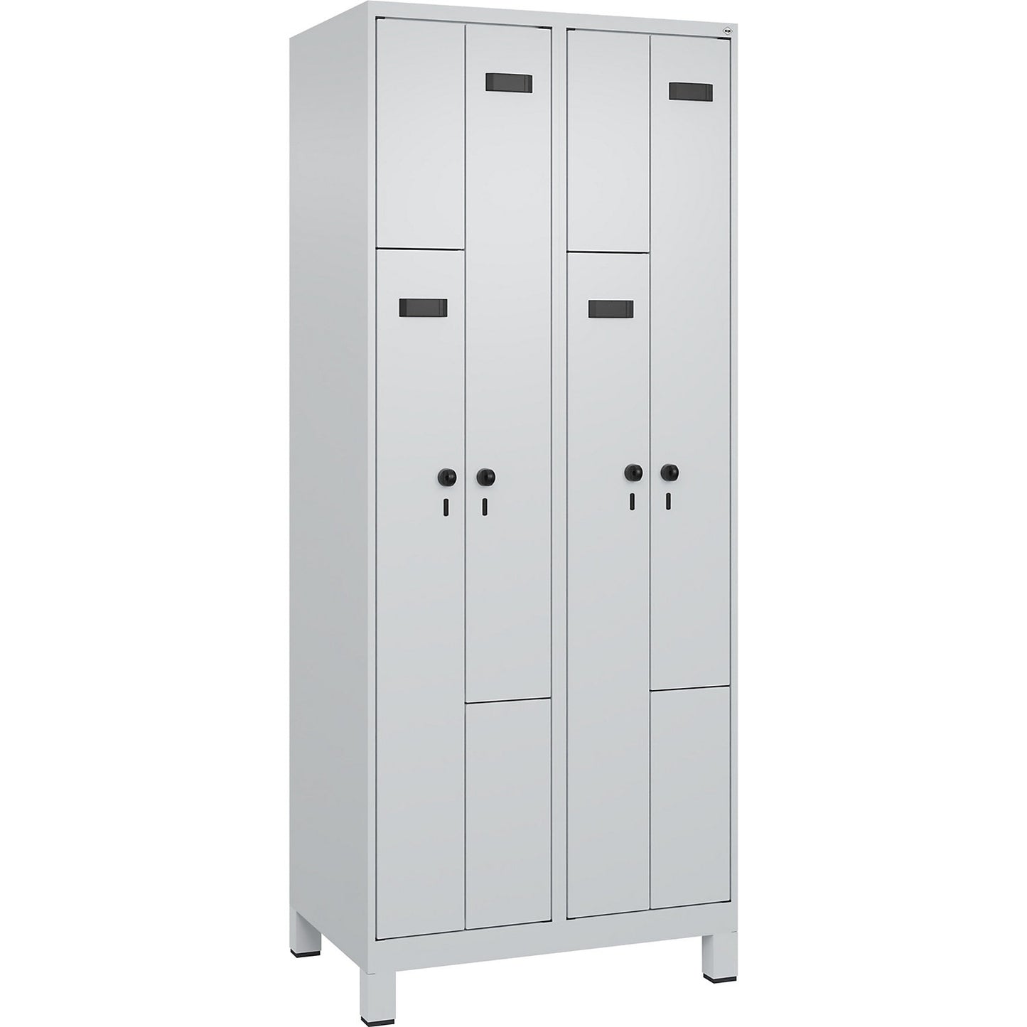 Evolo PLUS Z-locker, 2 compartments, light grey, W 800 mm, 4 compartments, with wide feet, security rotary bolt.