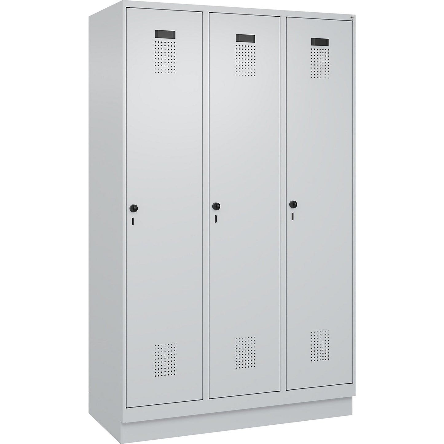Evolo PLUS clean and dirty clothes locker, narrow, 3 compartments, shortened centre divider, light grey, W 1200 mm, with base plinth, security rotary bolt.