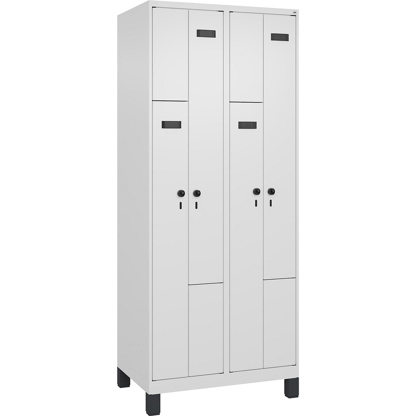 Evolo PLUS Z-locker, 2 compartments, white, W 800 mm, 4 compartments, with wide feet, security rotary bolt.