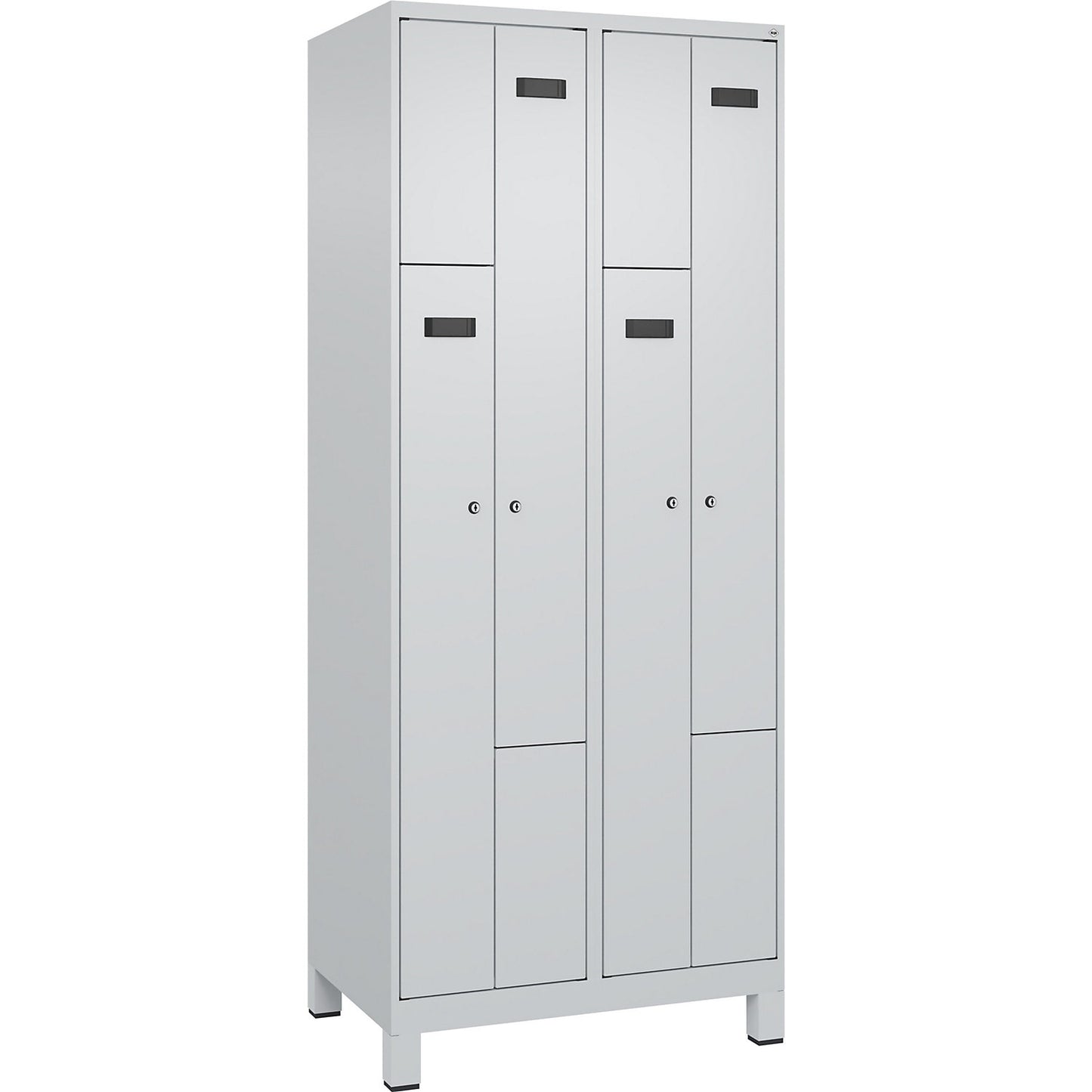 Evolo PLUS Z-locker, 2 compartments, light grey, W 800 mm, 4 compartments, with wide feet, cylinder lock.