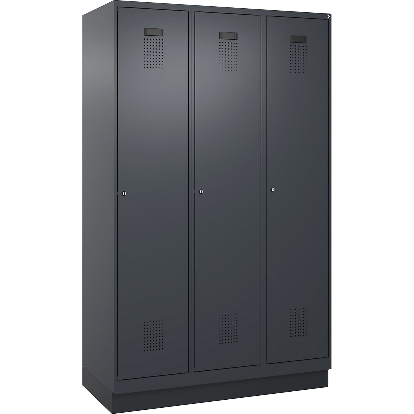 Evolo PLUS clean and dirty clothes locker, narrow, 3 compartments, shortened centre divider, grey, W 1200 mm, with base plinth, cylinder lock.
