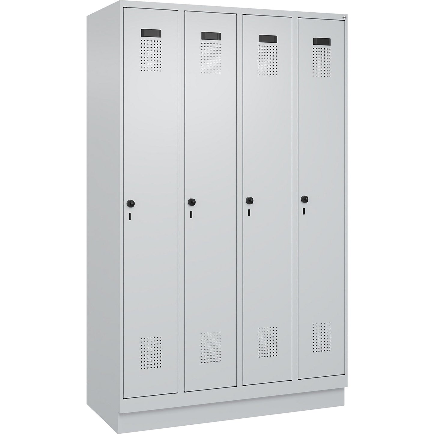 Evolo PLUS clean and dirty clothes locker, narrow, 4 compartments, shortened centre divider, light grey, W 1200 mm, with base plinth, security rotary bolt.