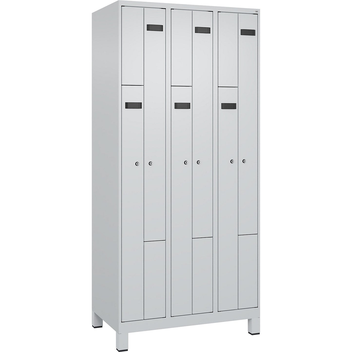 Evolo PLUS Z-locker, 3 compartments, light grey, W 900 mm, 6 compartments, with wide feet, cylinder lock.