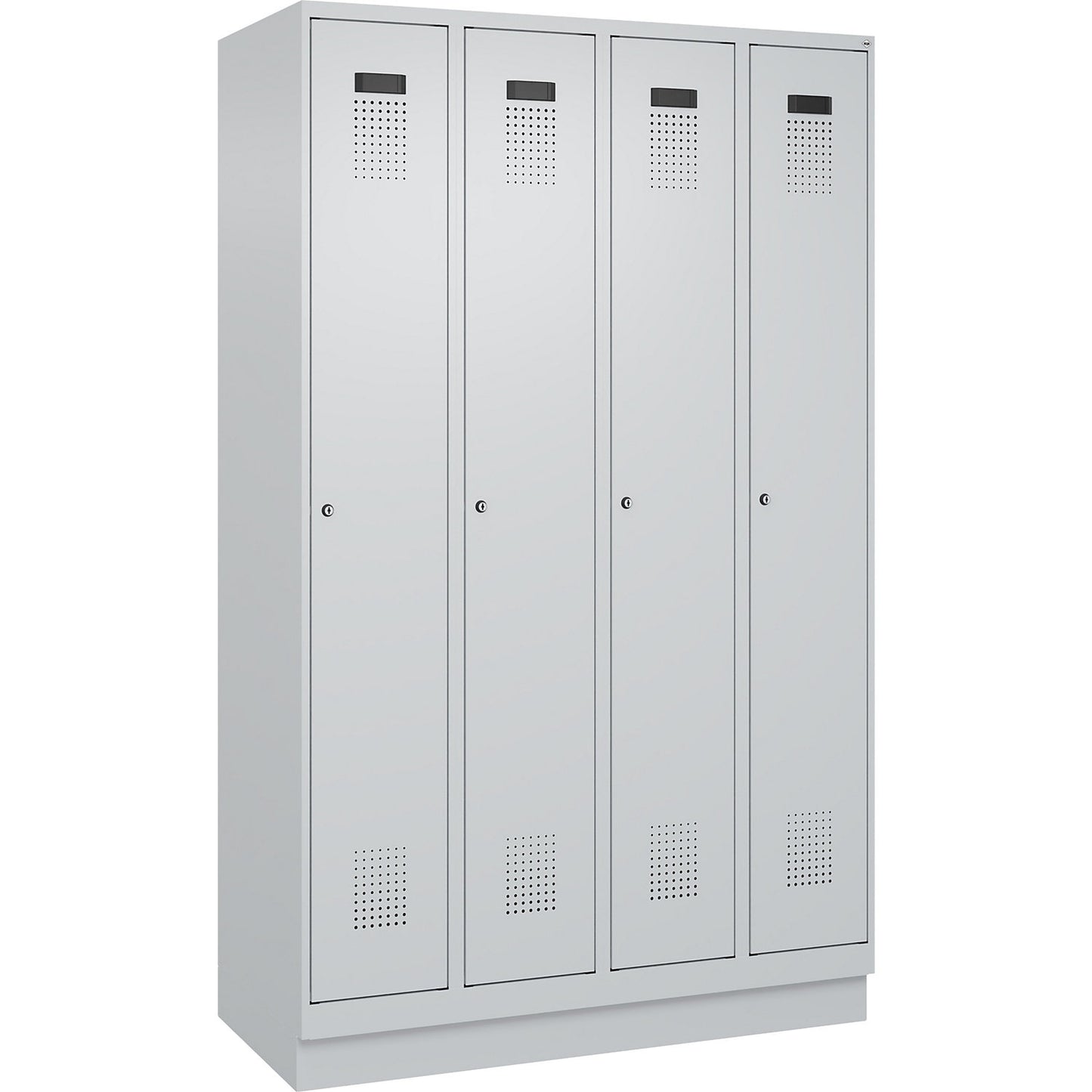 Evolo PLUS clean and dirty clothes locker, narrow, 4 compartments, shortened centre divider, light grey, W 1200 mm, with base plinth, cylinder lock.