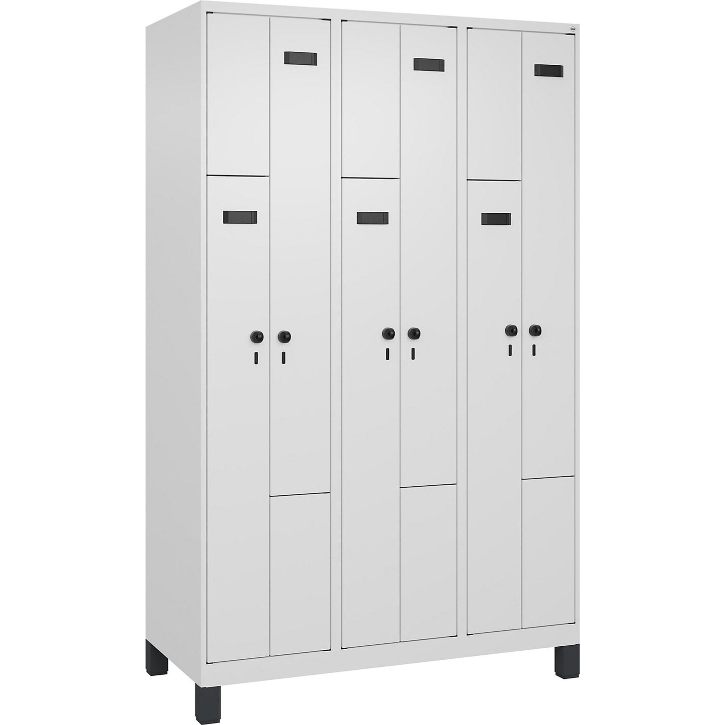 Evolo PLUS Z-locker, 3 compartments, white, W 1200 mm, 6 compartments, with wide feet, security rotary bolt.