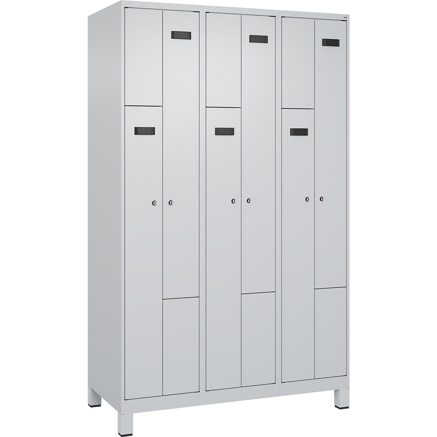 Evolo PLUS Z-locker, 3 compartments, light grey, W 1200 mm, 6 compartments, with wide feet, cylinder lock.