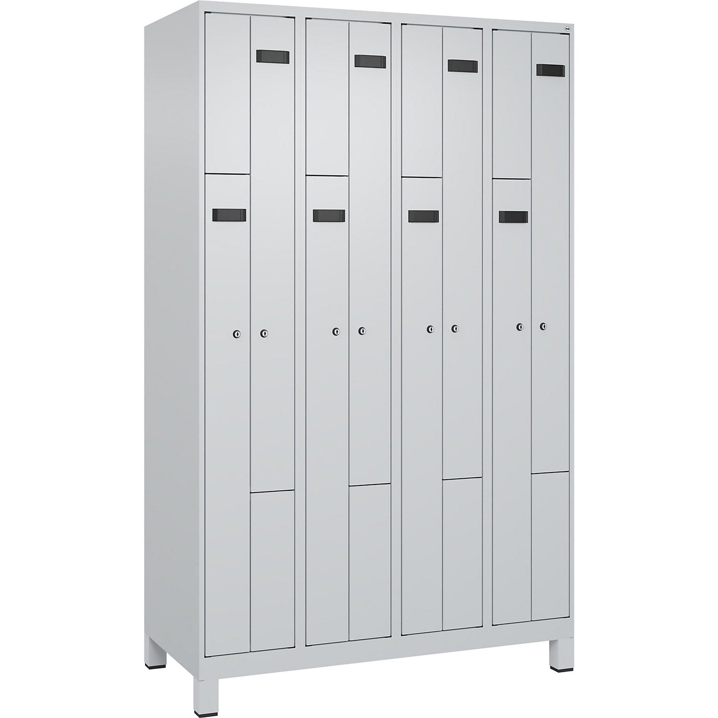 Evolo PLUS Z-locker, 4 compartments, light grey, W 1200 mm, 8 compartments, with wide feet, cylinder lock.