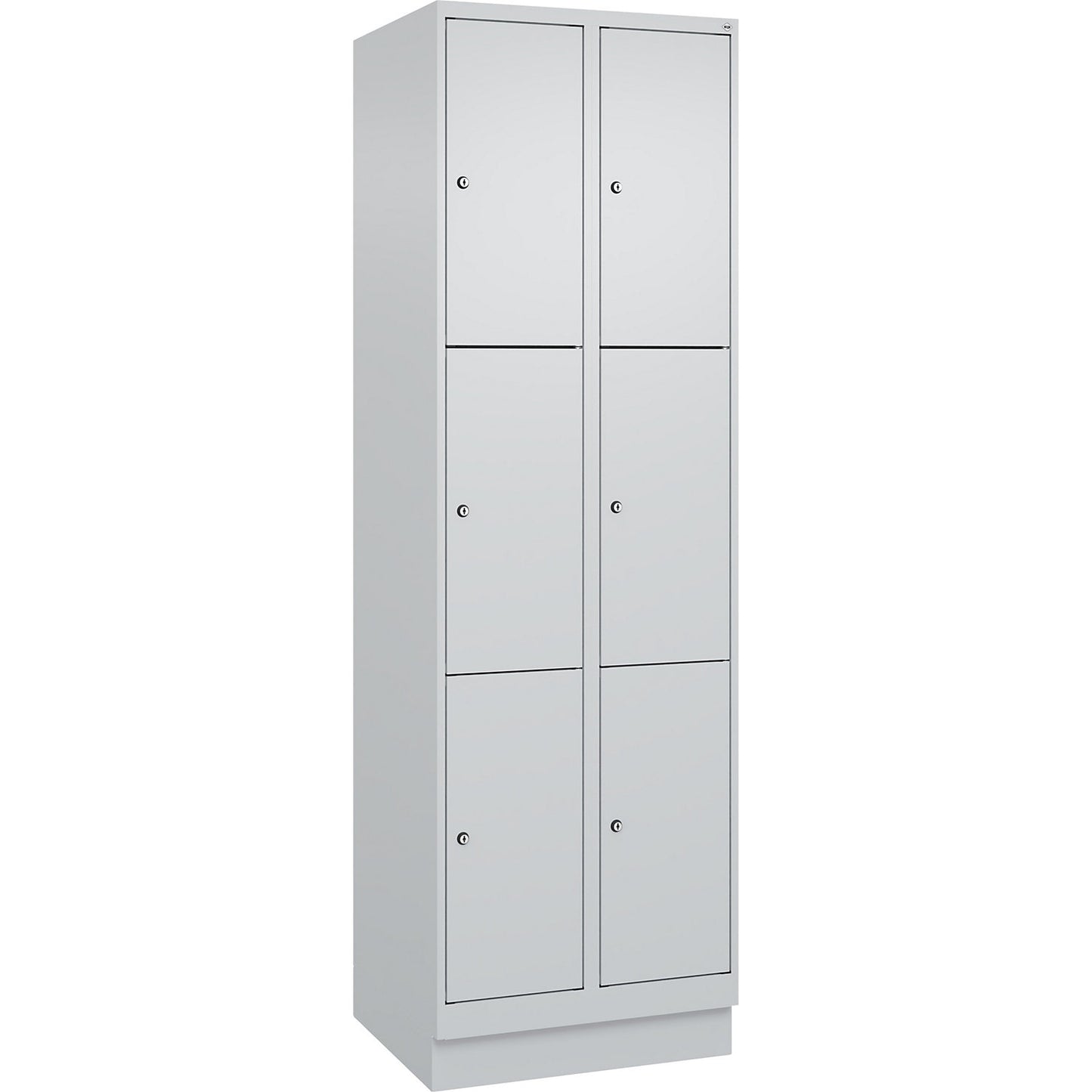 Evolo PLUS 3-fold compartment locker, 2 compartments, light grey, W 600 mm, 6 compartments, with base plinth, cylinder lock.