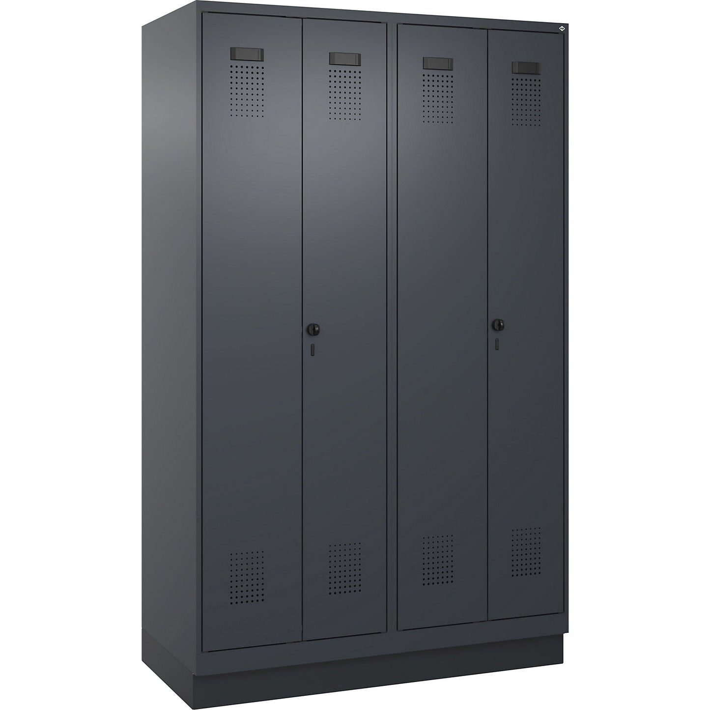 Evolo PLUS clean and dirty locker, 2 compartments, shortened centre divider, grey, W 1200 mm, with base plinth, security rotary bolt.