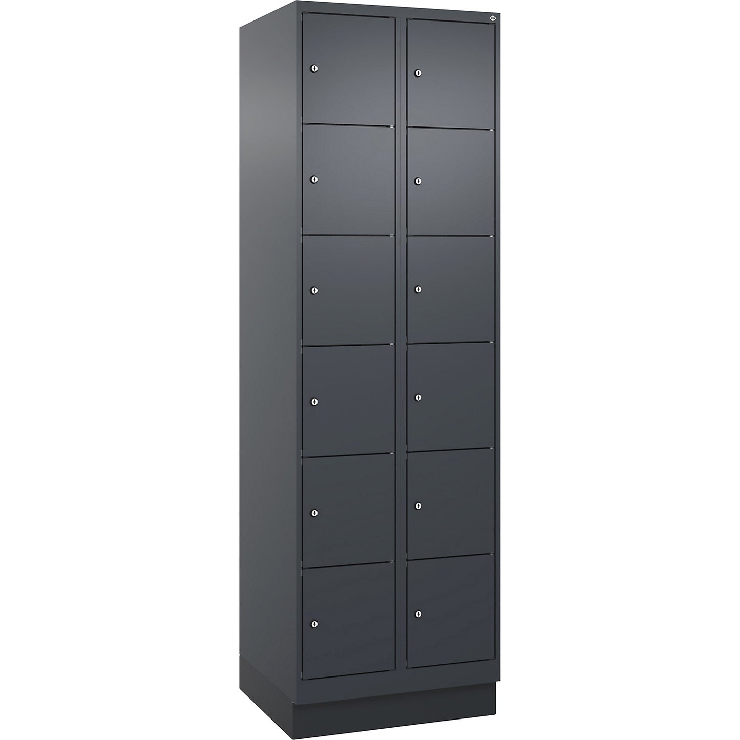 Evolo PLUS 6-fold compartment locker, 2 compartments, grey, W 600 mm, 12 compartments, with base plinth, cylinder lock.