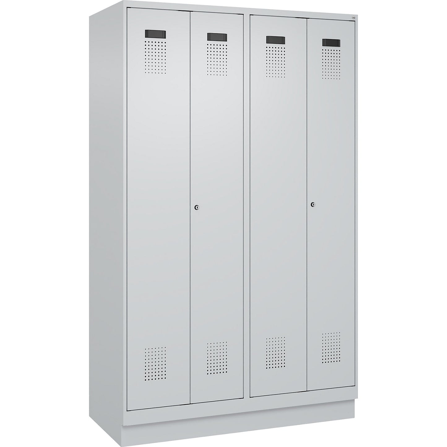 Evolo PLUS clean and dirty locker, 2 compartments, shortened centre divider, light grey, W 1200 mm, with base plinth, cylinder lock.