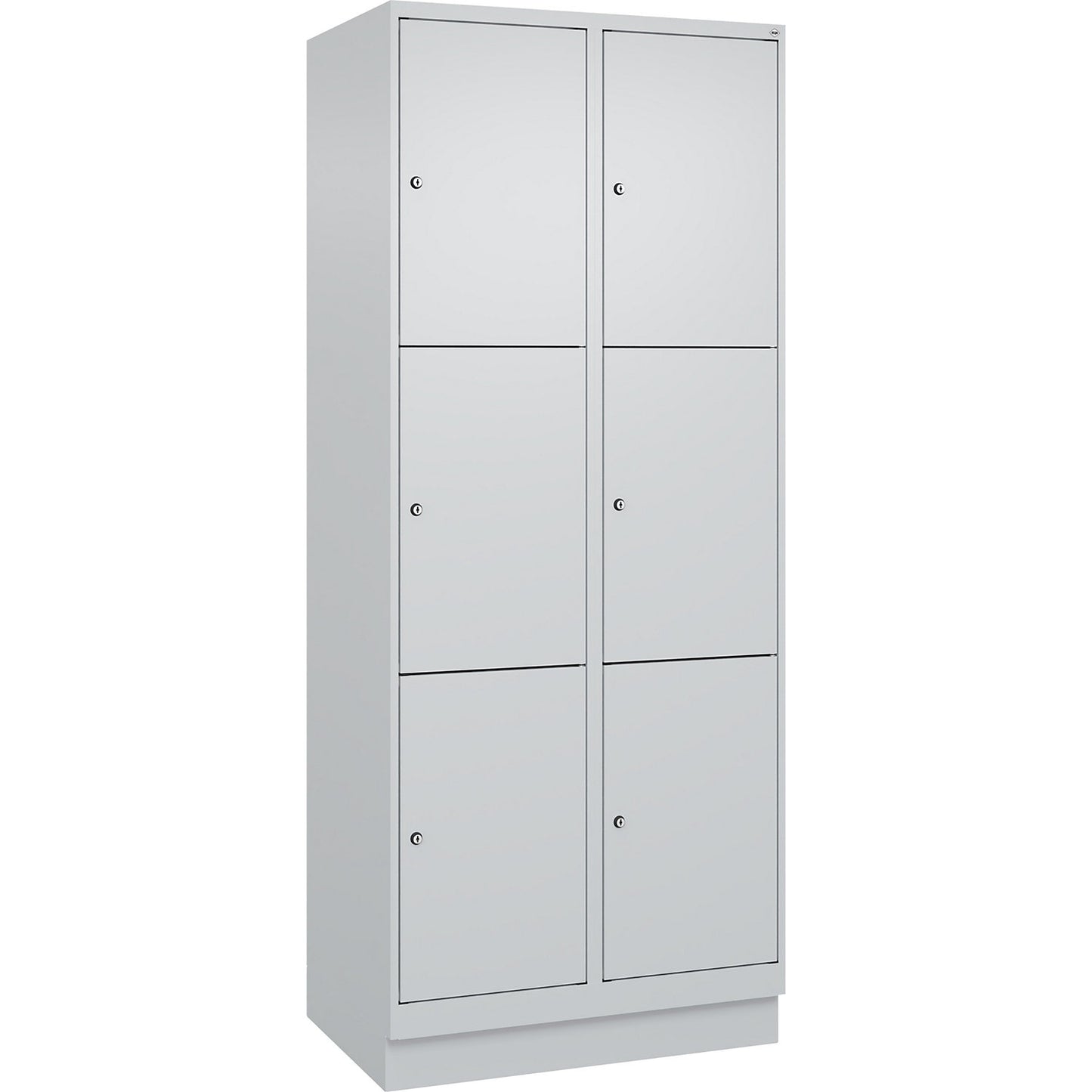 Evolo PLUS 3-fold compartment locker, 2 compartments, light grey, W 800 mm, 6 compartments, with base plinth, cylinder lock.
