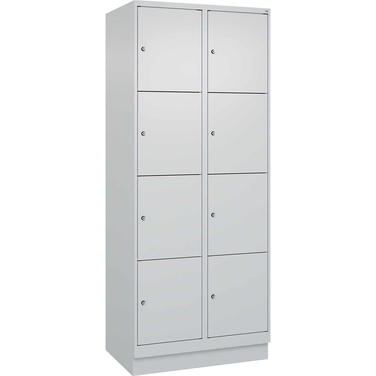 Evolo PLUS 4-fold compartment locker, 2 compartments, light grey, W 800 mm, 8 compartments, with base plinth, cylinder lock.