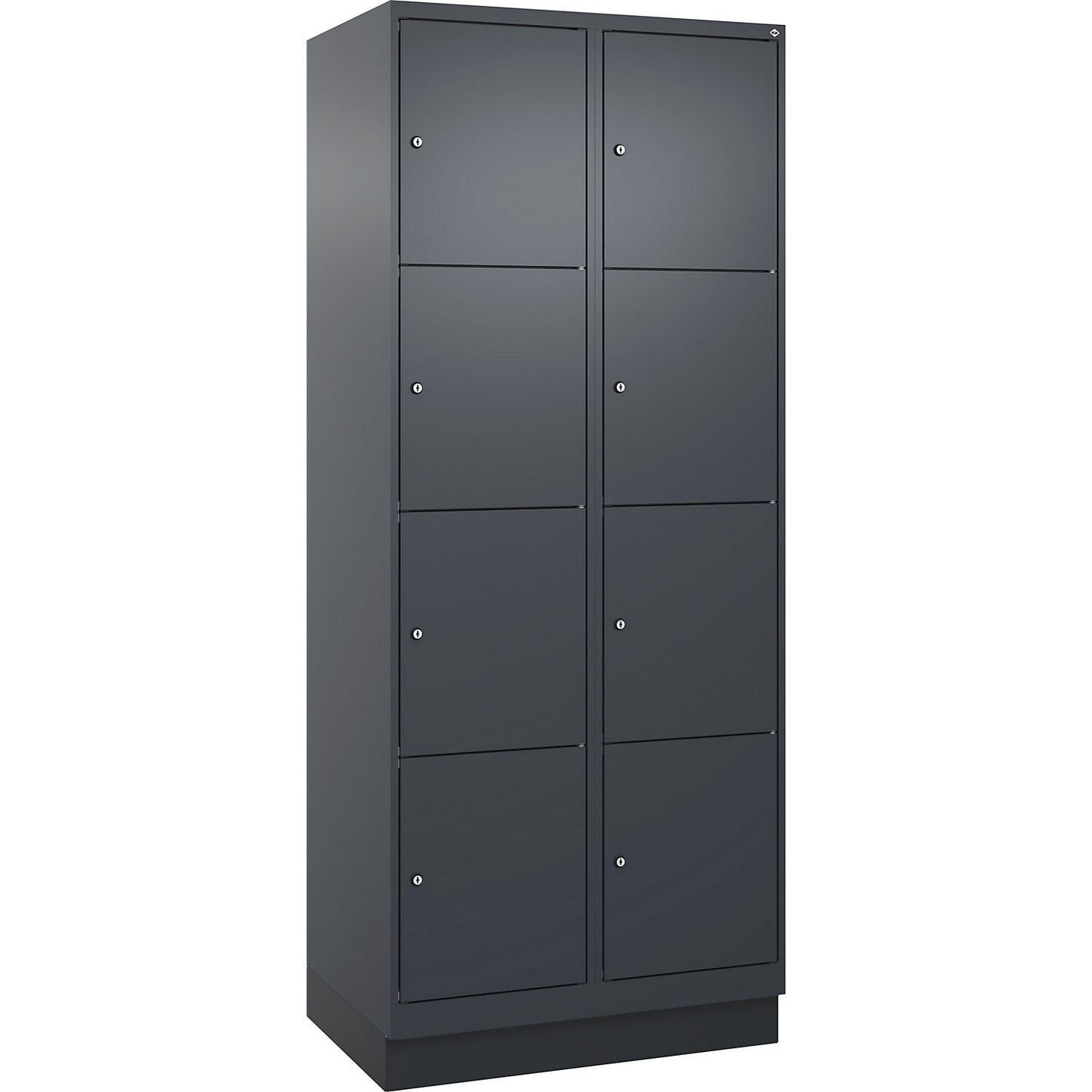 Evolo PLUS 4-fold compartment locker, 2 compartments, grey, W 800 mm, 8 compartments, with base plinth, cylinder lock.
