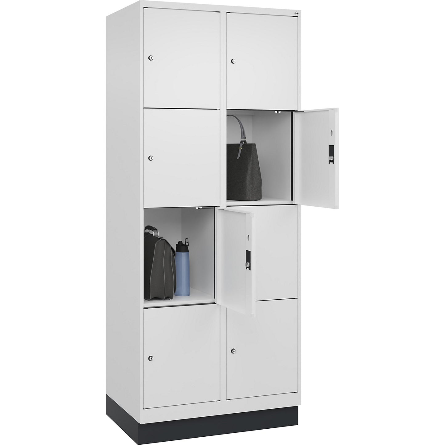 Evolo PLUS 4-fold compartment locker, 2 compartments, white, W 800 mm, 8 compartments, with base plinth, cylinder lock.