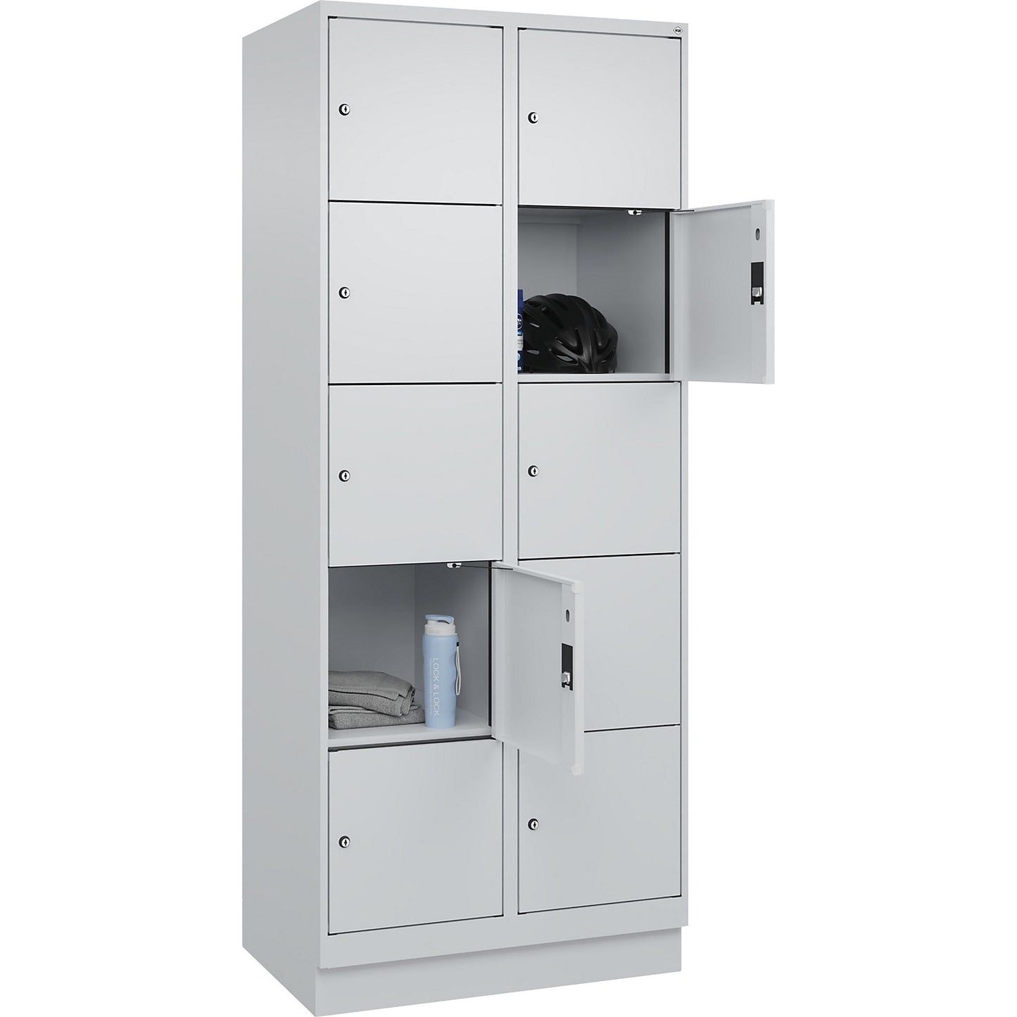 Evolo PLUS 5-fold compartment locker, 2 compartments, light grey, W 800 mm, 10 compartments, with base plinth, cylinder lock.