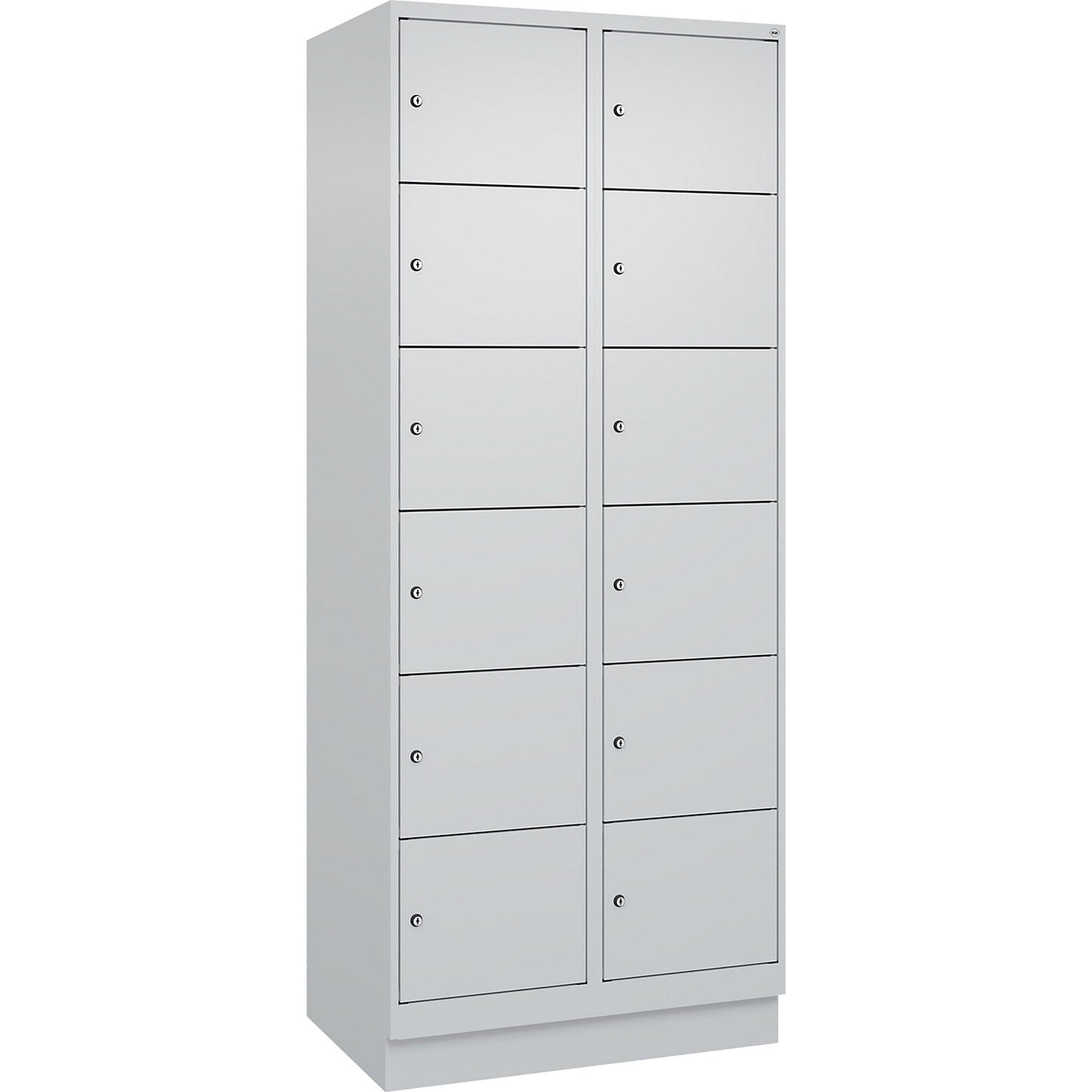 Evolo PLUS 6-fold compartment locker, 2 compartments, light grey, W 800 mm, 12 compartments, with base plinth, cylinder lock.