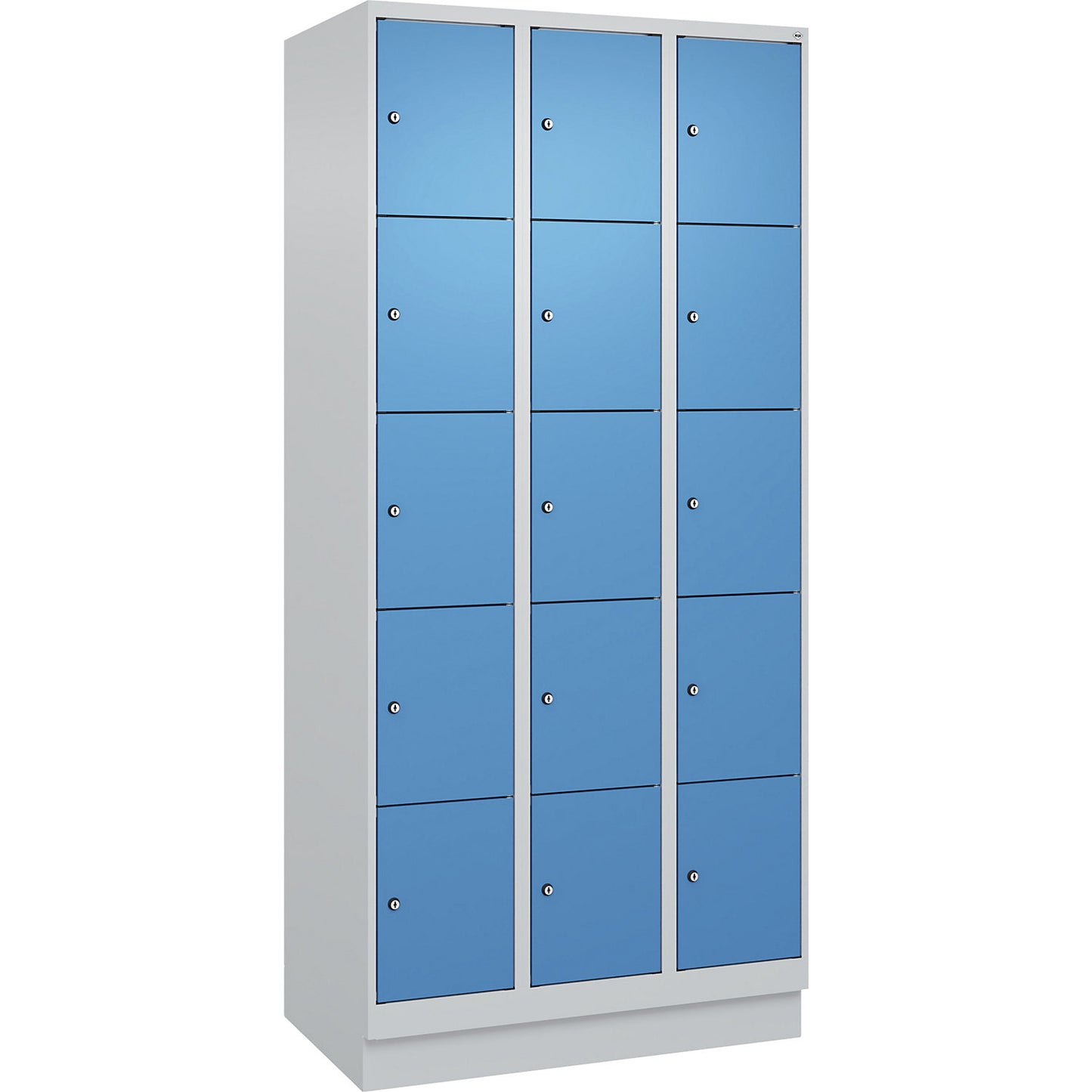 Evolo PLUS 5-fold compartment locker, 3 compartments, light grey / light blue, W 900 mm, 15 compartments, with base plinth, cylinder lock.