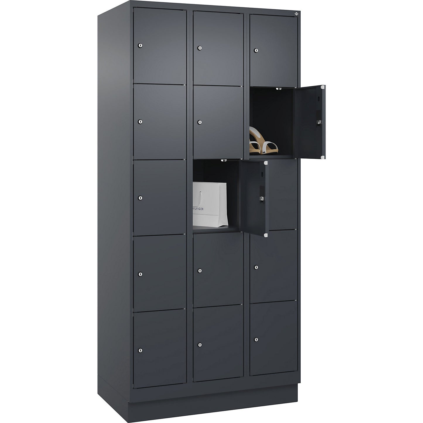 Evolo PLUS 5-fold compartment locker, 3 compartments, grey, W 900 mm, 15 compartments, with base plinth, cylinder lock.