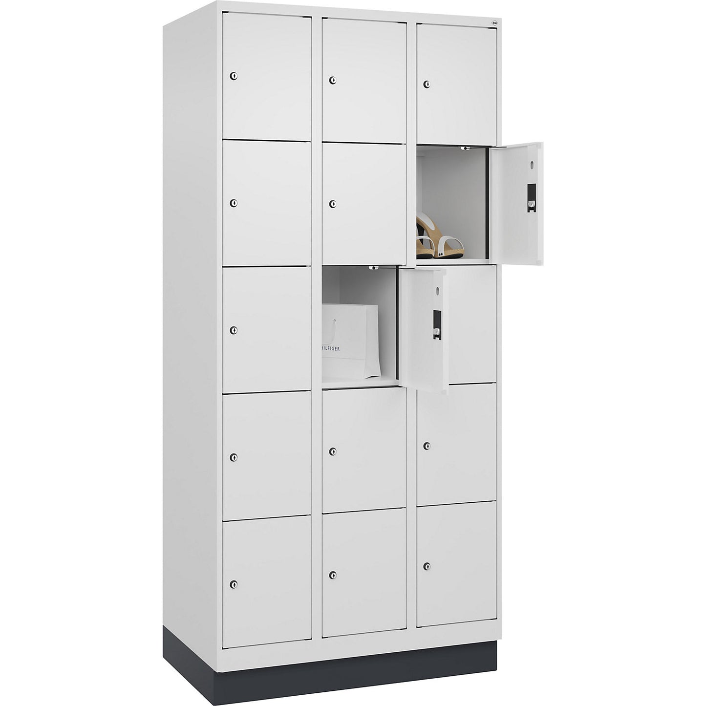 Evolo PLUS 5-fold compartment locker, 3 compartments, white, W 900 mm, 15 compartments, with base plinth, cylinder lock.