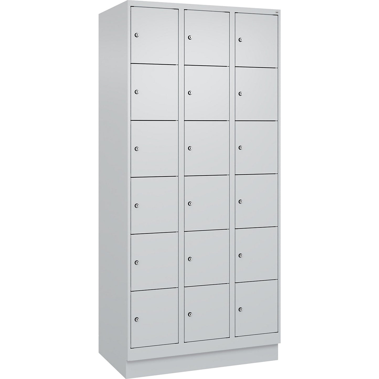 Evolo PLUS 6-fold compartment locker, 3 compartments, light grey, W 900 mm, 18 compartments, with base plinth, cylinder lock.
