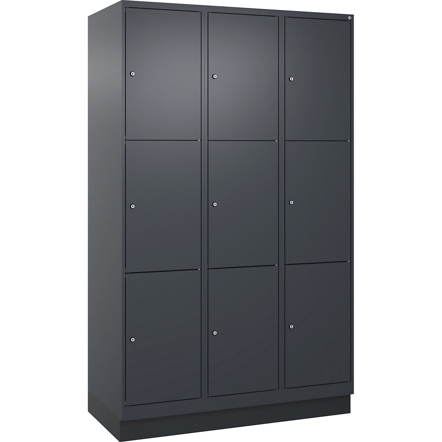 Evolo PLUS 3-fold compartment locker, 3 compartments, grey, W 1200 mm, 9 compartments, with base plinth, cylinder lock.