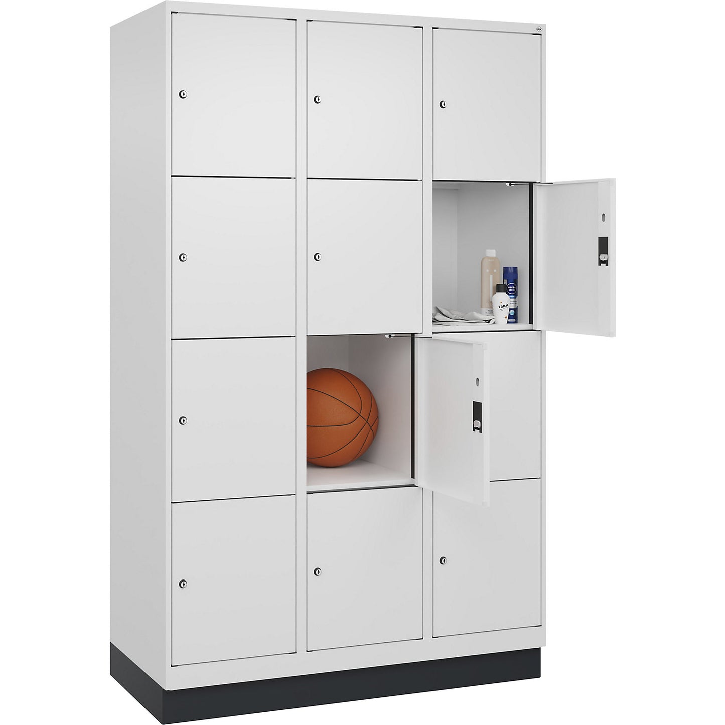Evolo PLUS 4-fold compartment locker, 3 compartments, white, W 1200 mm, 12 compartments, with base plinth, cylinder lock.