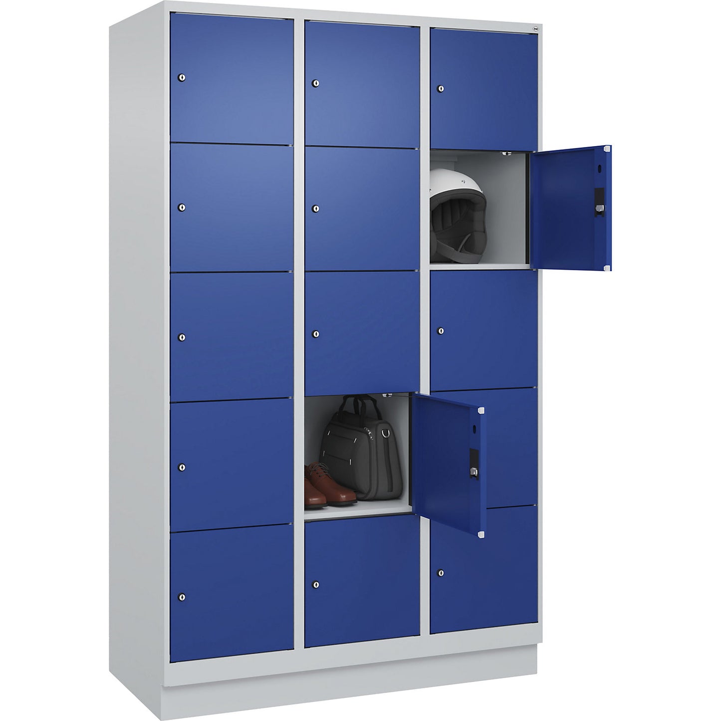 Evolo PLUS 5-fold compartment locker, 3 compartments, light grey / gentian blue, W 1200 mm, 15 compartments, with base plinth, cylinder lock.
