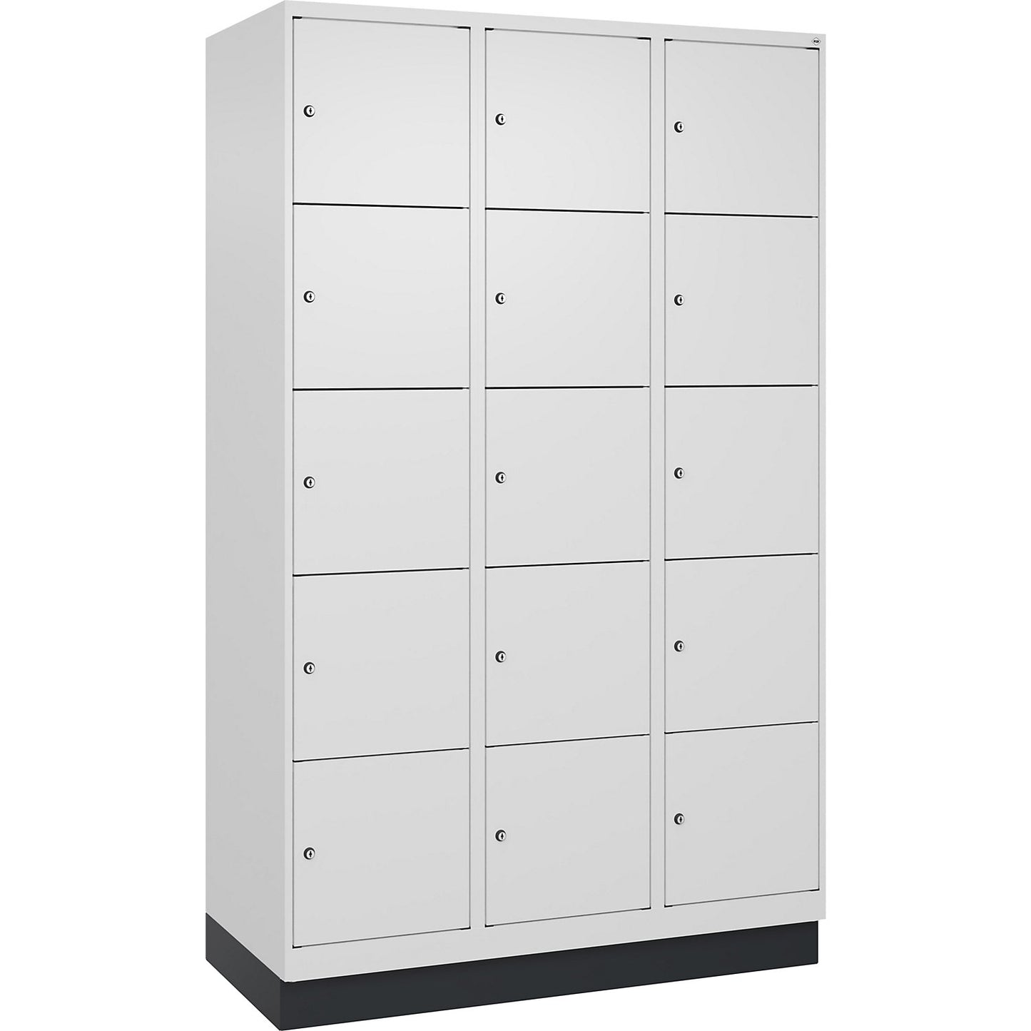 Evolo PLUS 5-fold compartment locker, 3 compartments, white, W 1200 mm, 15 compartments, with base plinth, cylinder lock.