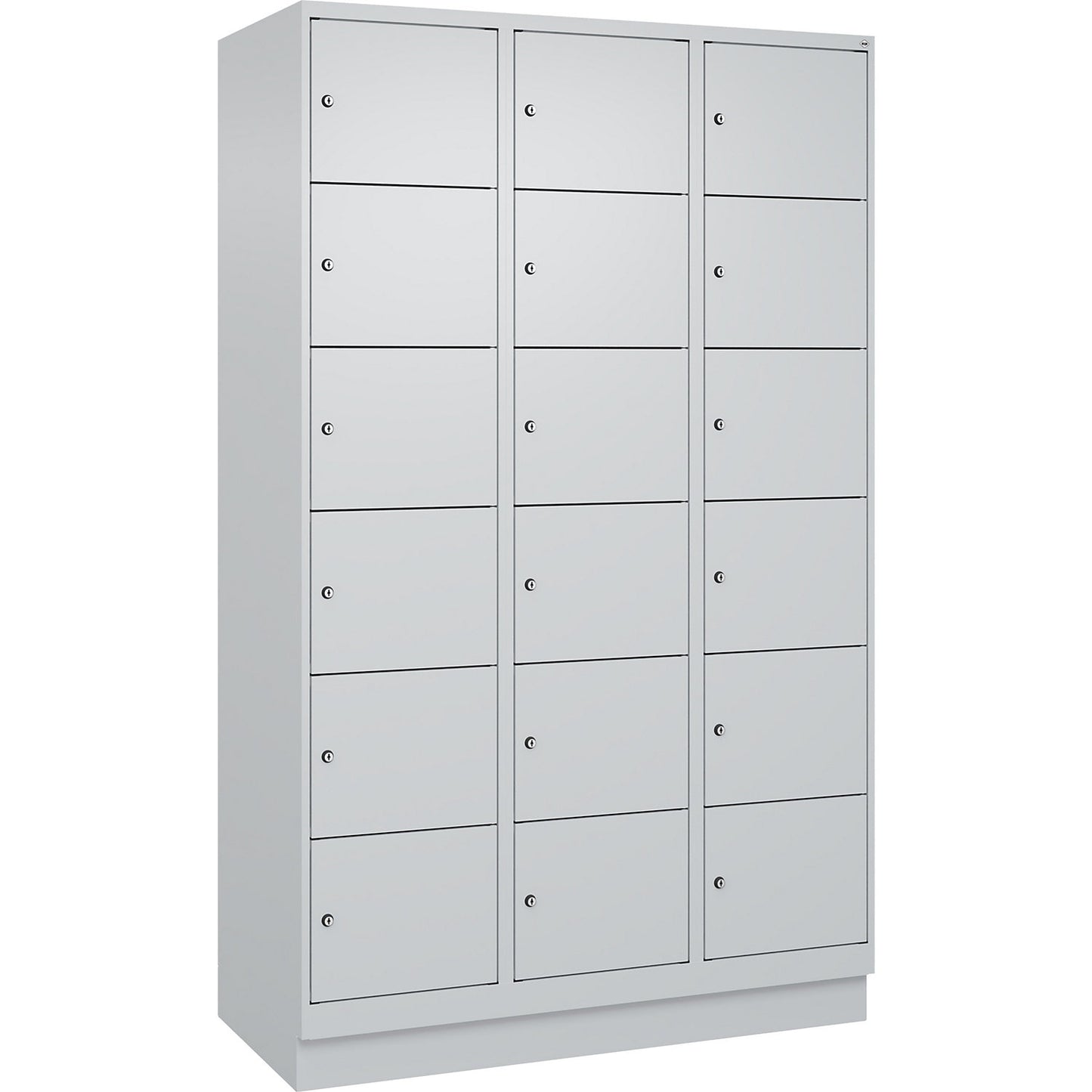 Evolo PLUS 6-fold compartment locker, 3 compartments, light grey, W 1200 mm, 18 compartments, with base plinth, cylinder lock.