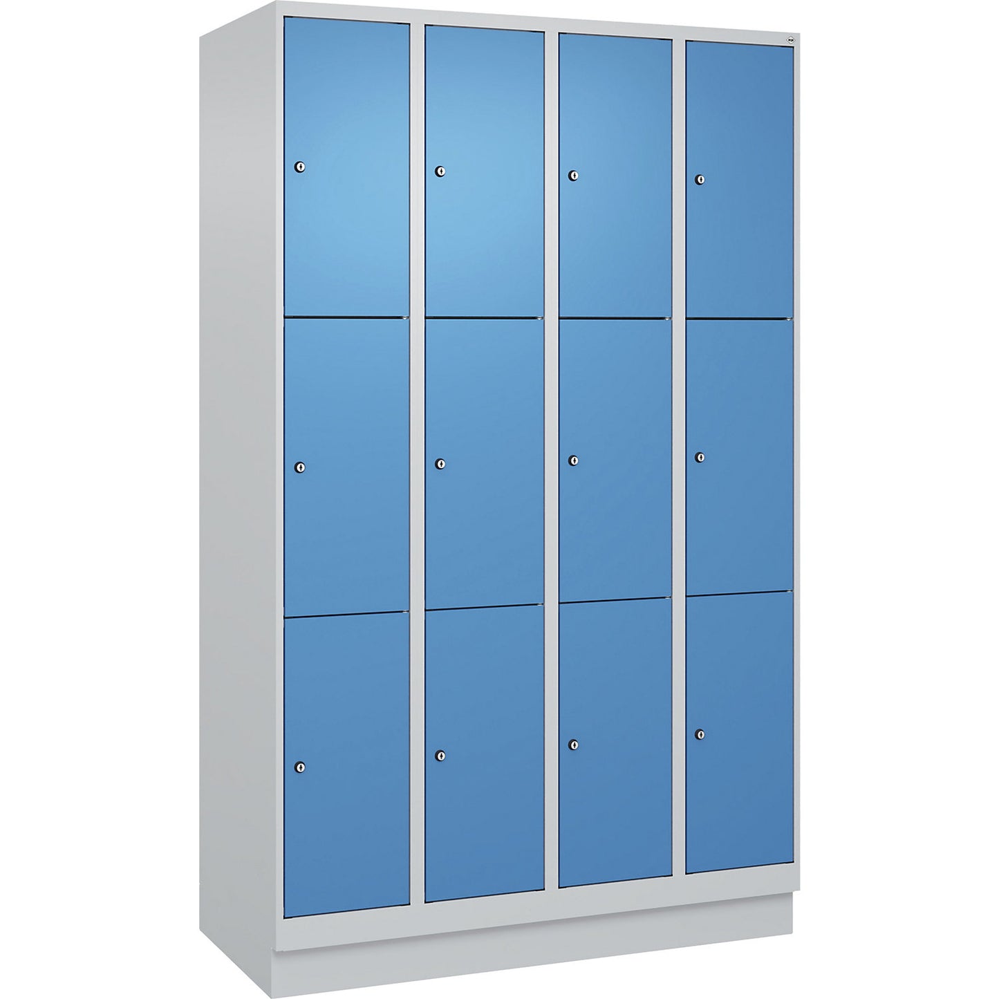 Evolo PLUS 3-fold compartment locker, 4 compartments, light grey / light blue, W 1200 mm, 12 compartments, with base plinth, cylinder lock.