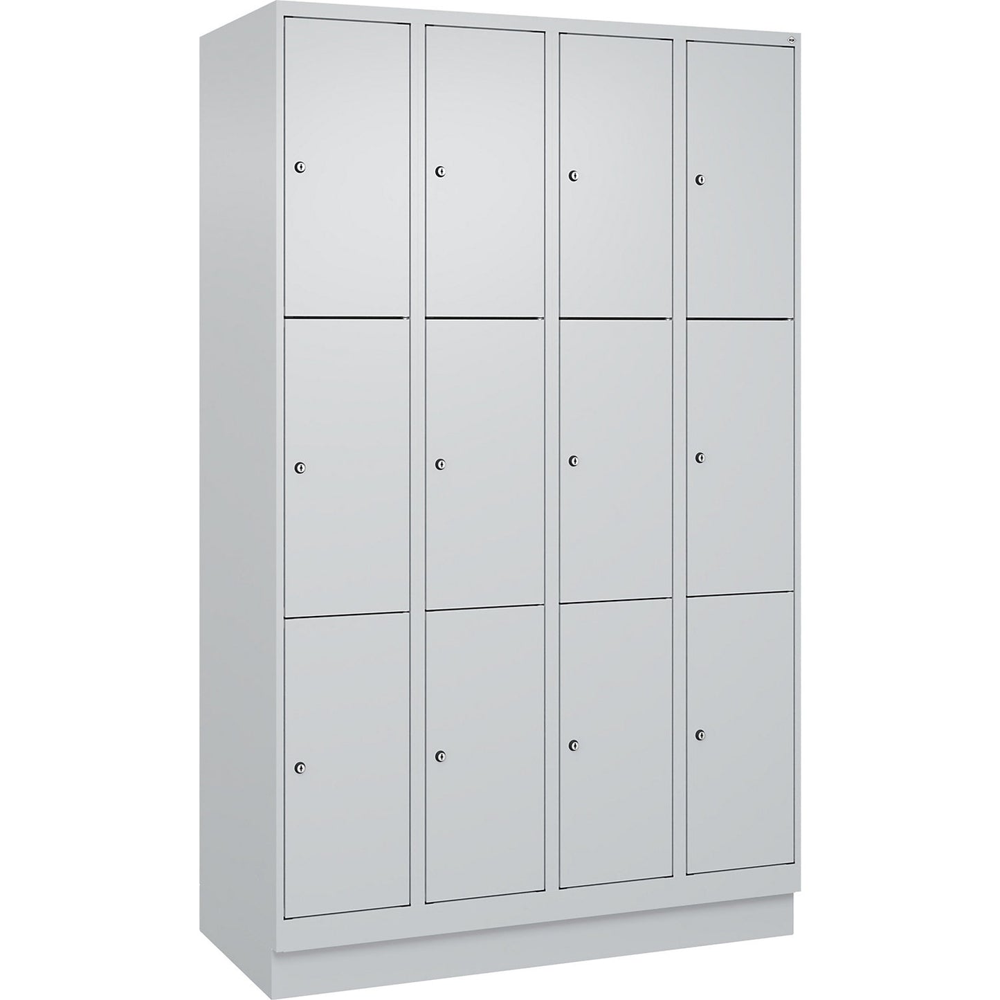 Evolo PLUS 3-fold compartment locker, 4 compartments, light grey, W 1200 mm, 12 compartments, with base plinth, cylinder lock.